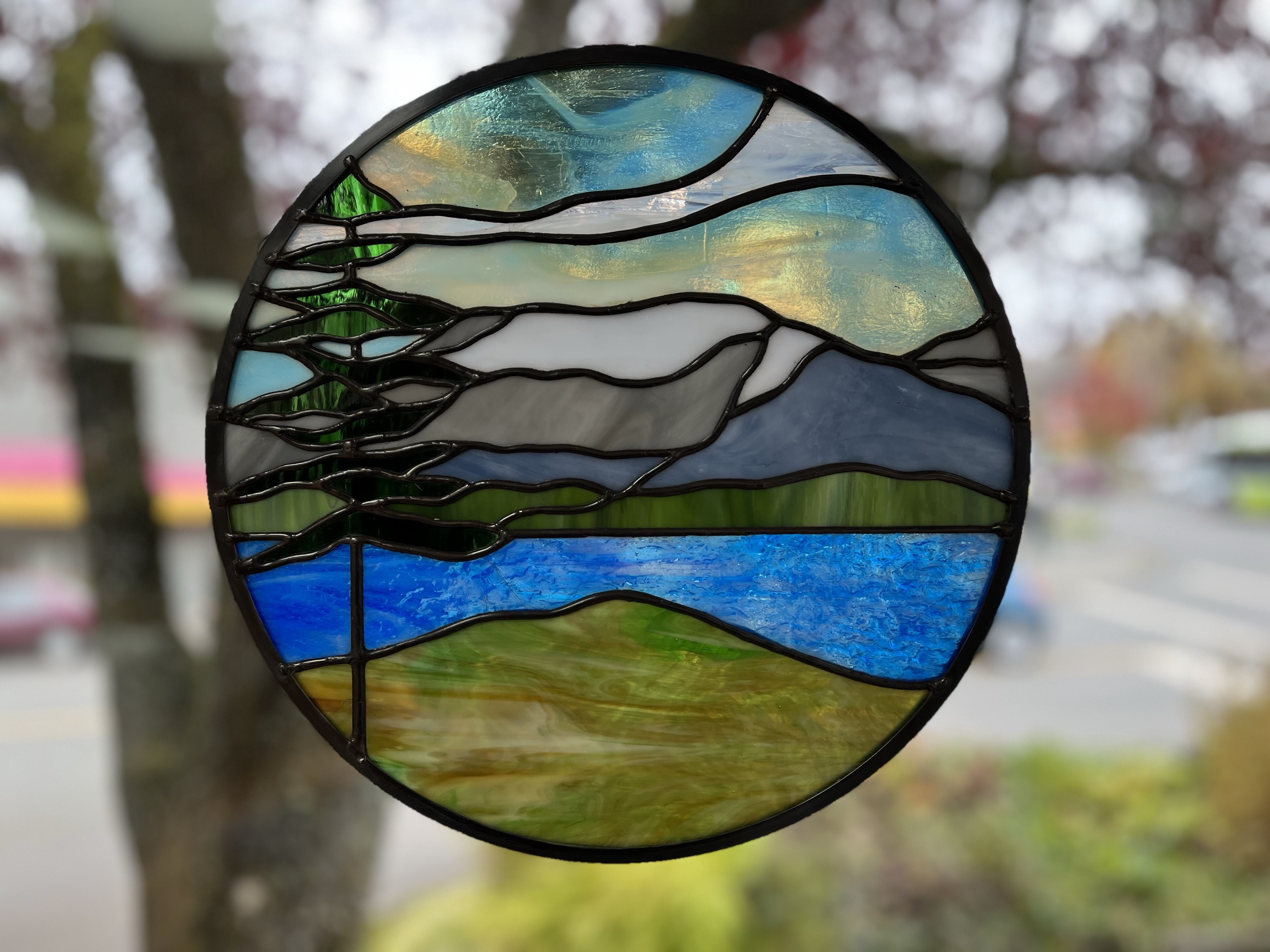 Ice in the Sky - Stained glass landscape showcased the Comox Glacier above beautiful Comox Lake.